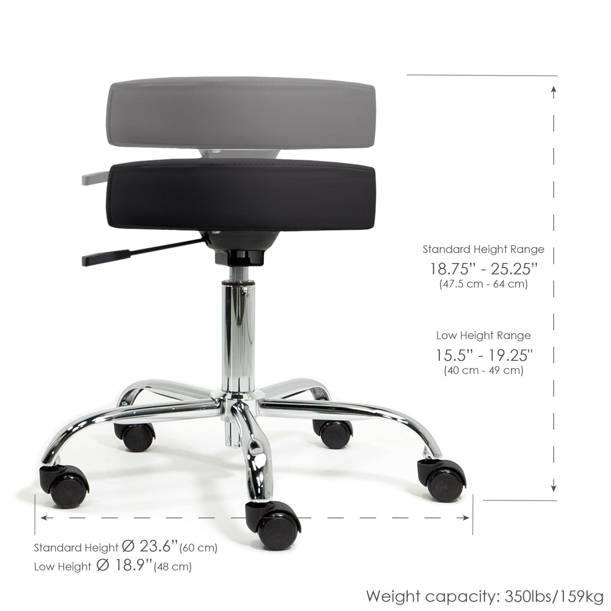 EarthLite Pneumatic Rolling Massage Stool Height Range Measurements