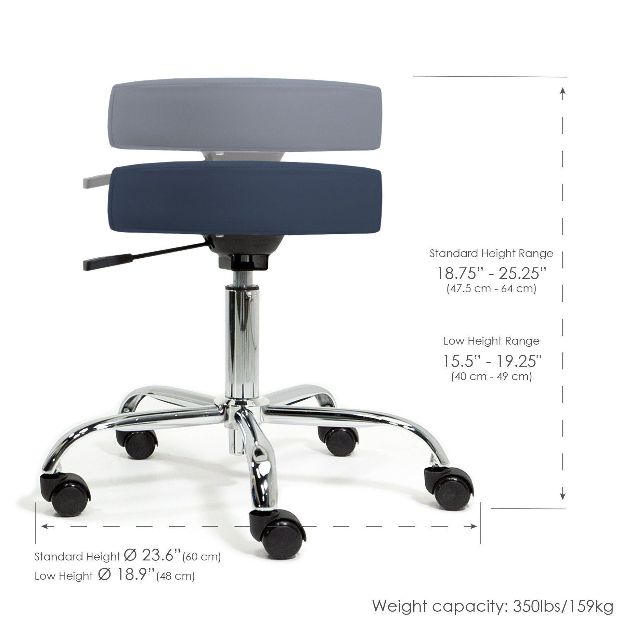 EarthLite Pneumatic Rolling Massage Stool Height Range Measurements